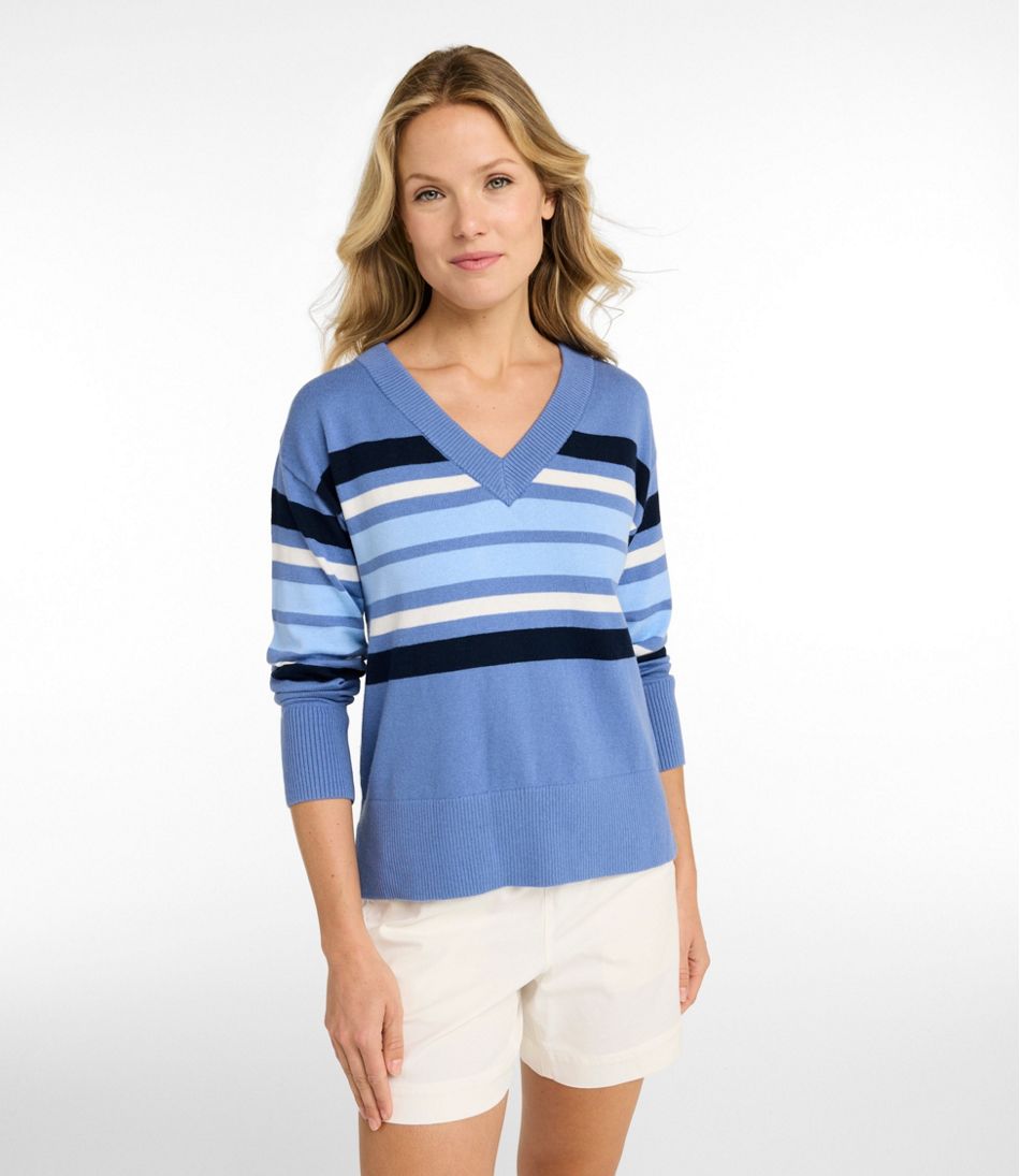 L.L.Bean Women's Cotton/Cashmere Sweater, V-Neck Stripe NEW|CLOTHING