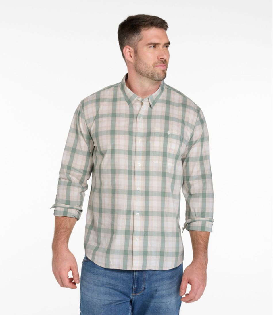 L.L.Bean Men's Comfort Stretch Performance® Chambray Shirt, Long-Sleeve, Slightly Fitted Untucked Fit, Plaid NEW|CLOTHING