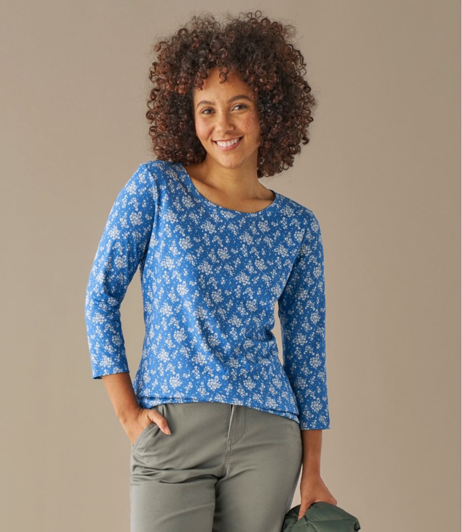 L.L.Bean Women's Pima Cotton Shaped Jewelneck Tee, Three-Quarter-Sleeve Print CLOTHING|SALE