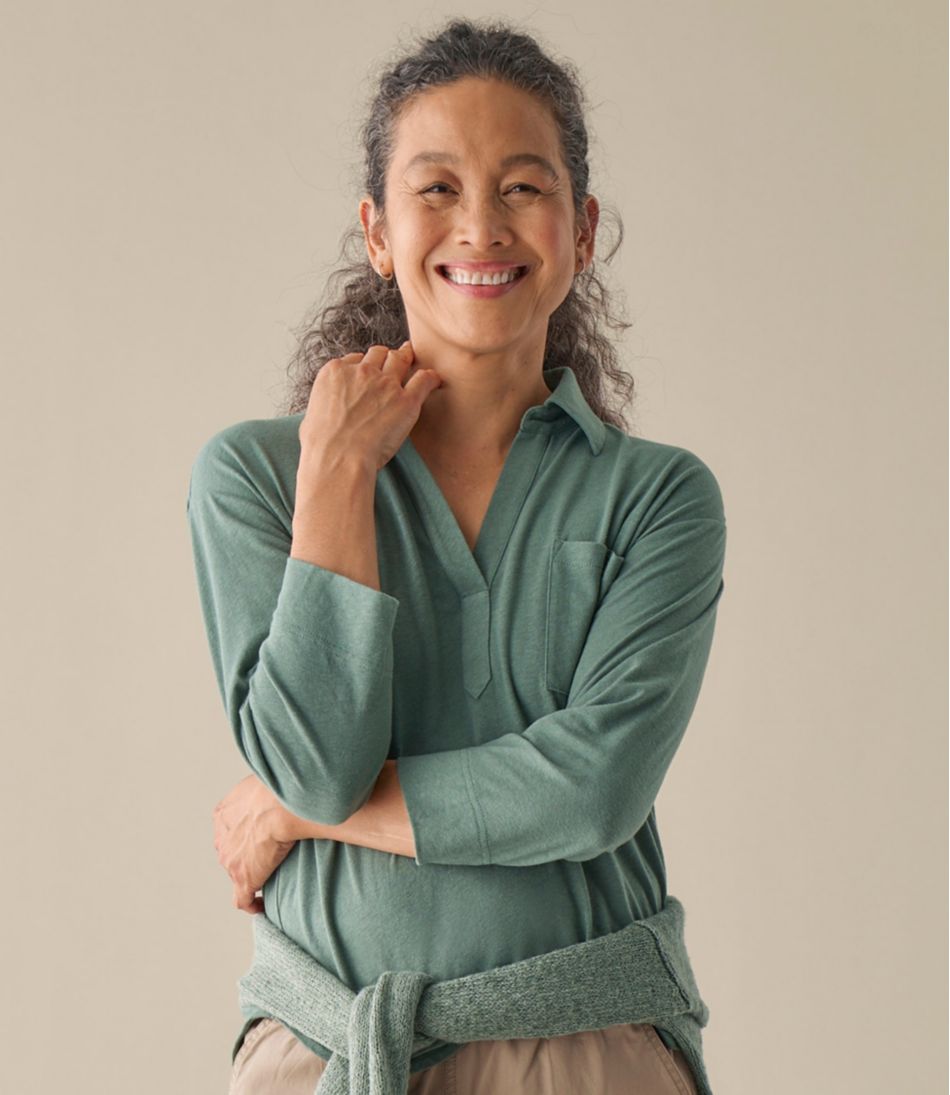 L.L.Bean Women's Linen/Cotton Tee, Three-Quarter-Sleeve Splitneck Polo CLOTHING