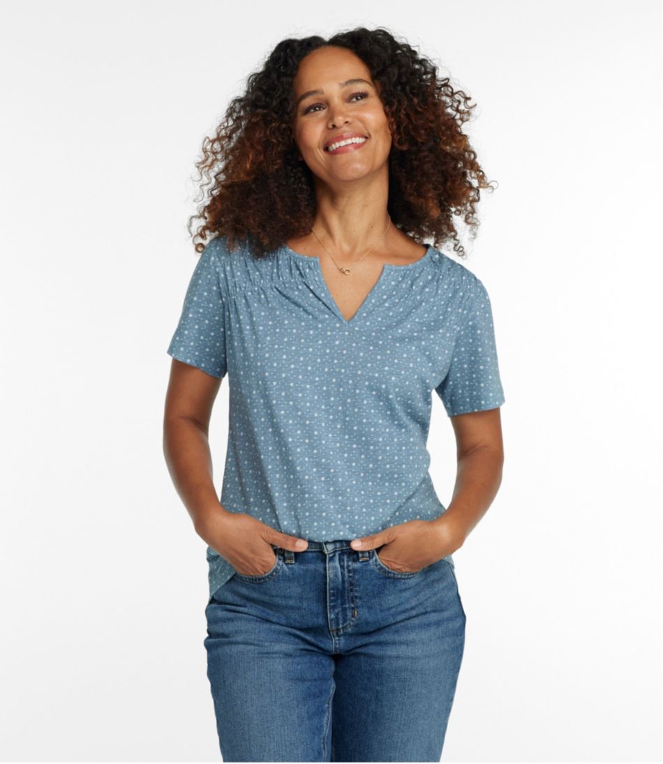 L.L.Bean Women's Organic Cotton Tee, Smocked Notch-Neck Short-Sleeve Print CLOTHING|SALE