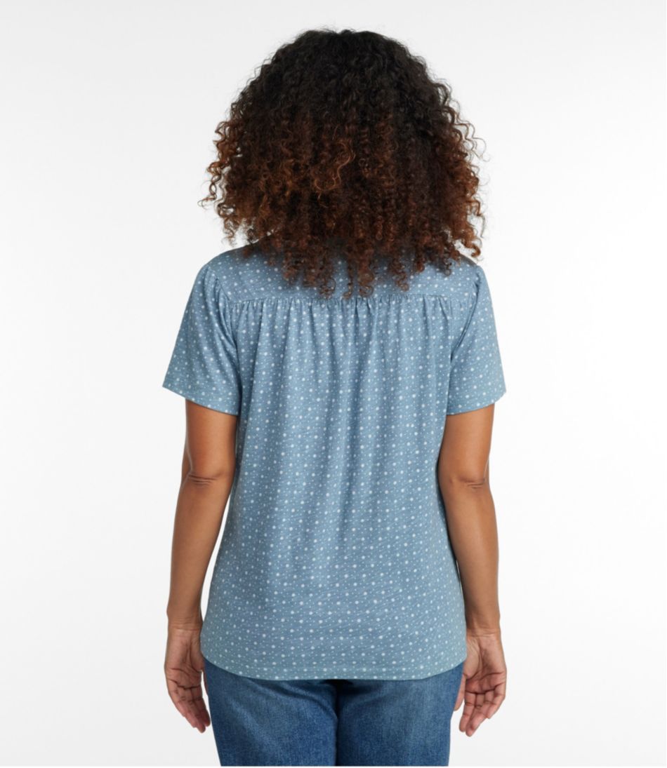 L.L.Bean Women's Organic Cotton Tee, Smocked Notch-Neck Short-Sleeve Print CLOTHING|SALE