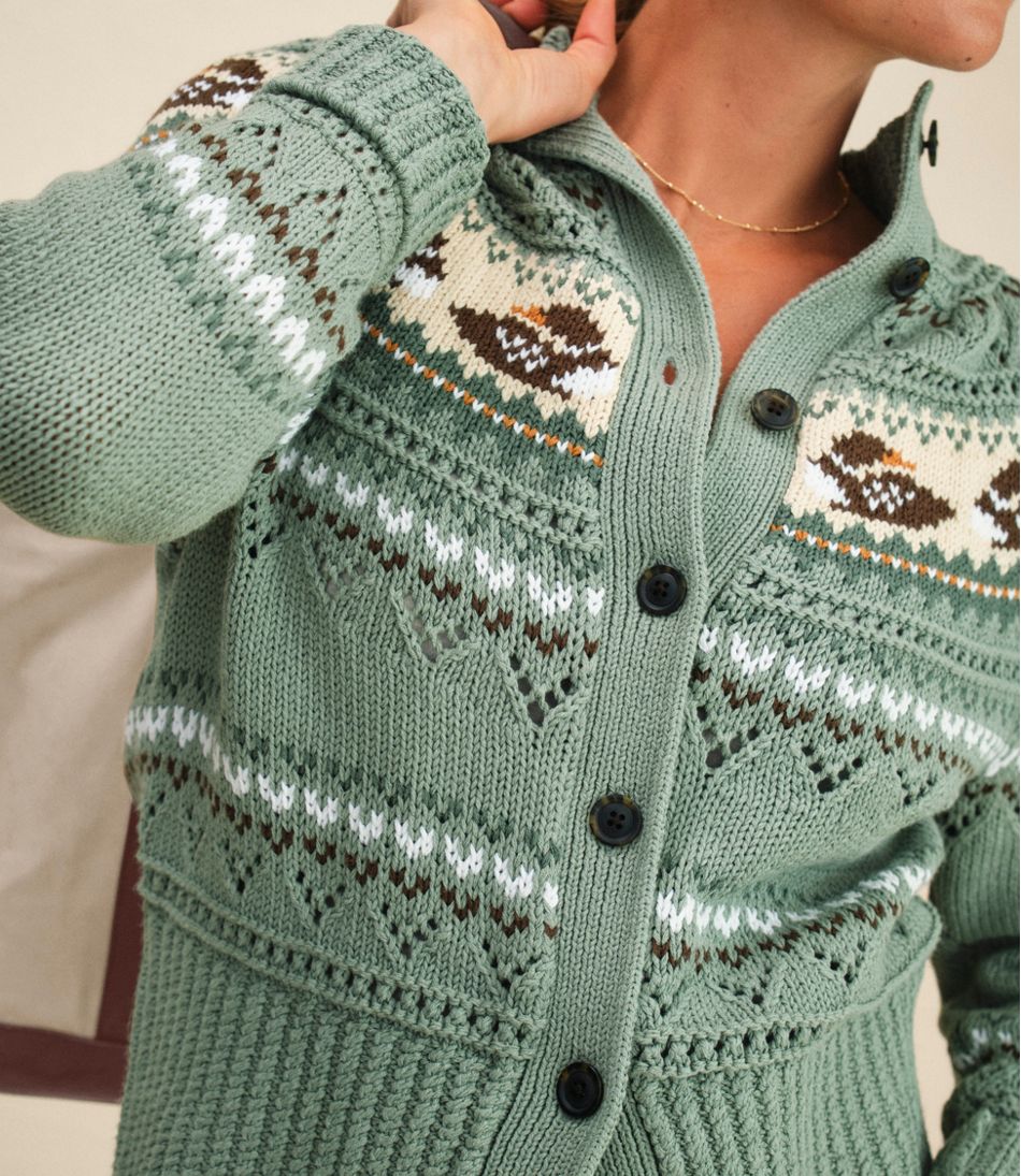 L.L.Bean Women's Signature Cotton Fisherman Sweater, Short Cardigan Fair Isle CLOTHING|SALE