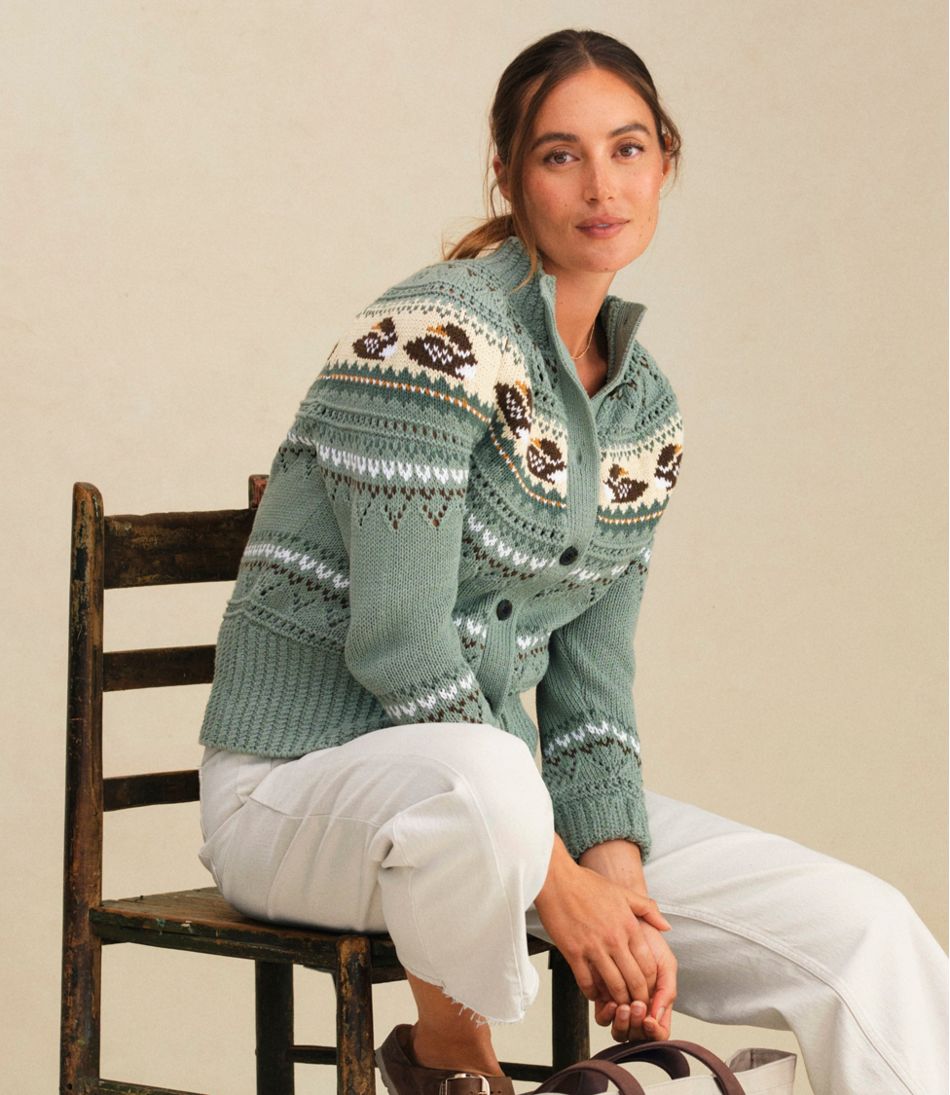 L.L.Bean Women's Signature Cotton Fisherman Sweater, Short Cardigan Fair Isle CLOTHING|SALE