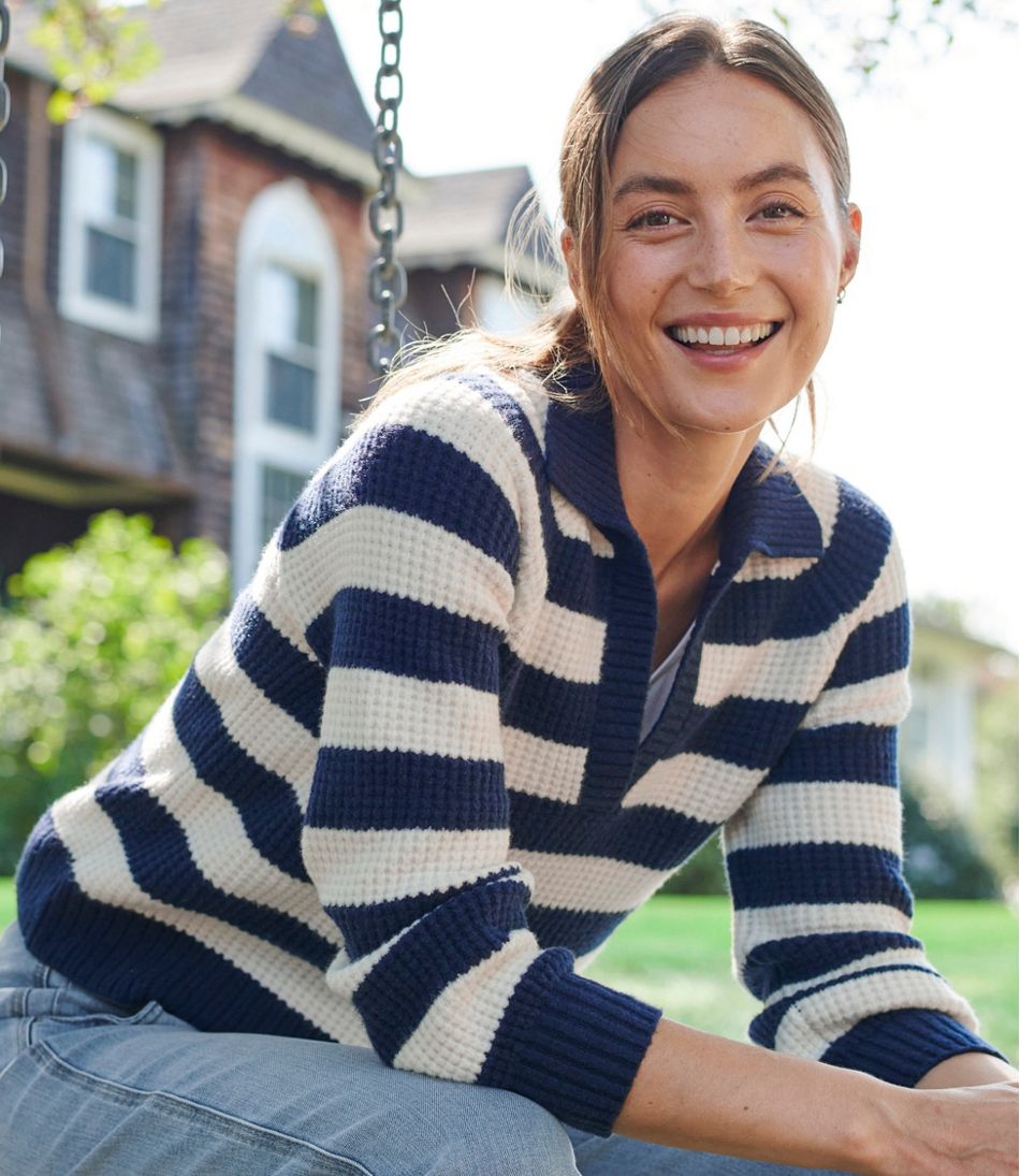 L.L.Bean Women's SuperSoft Waffle Sweater, Polo Stripe CLOTHING
