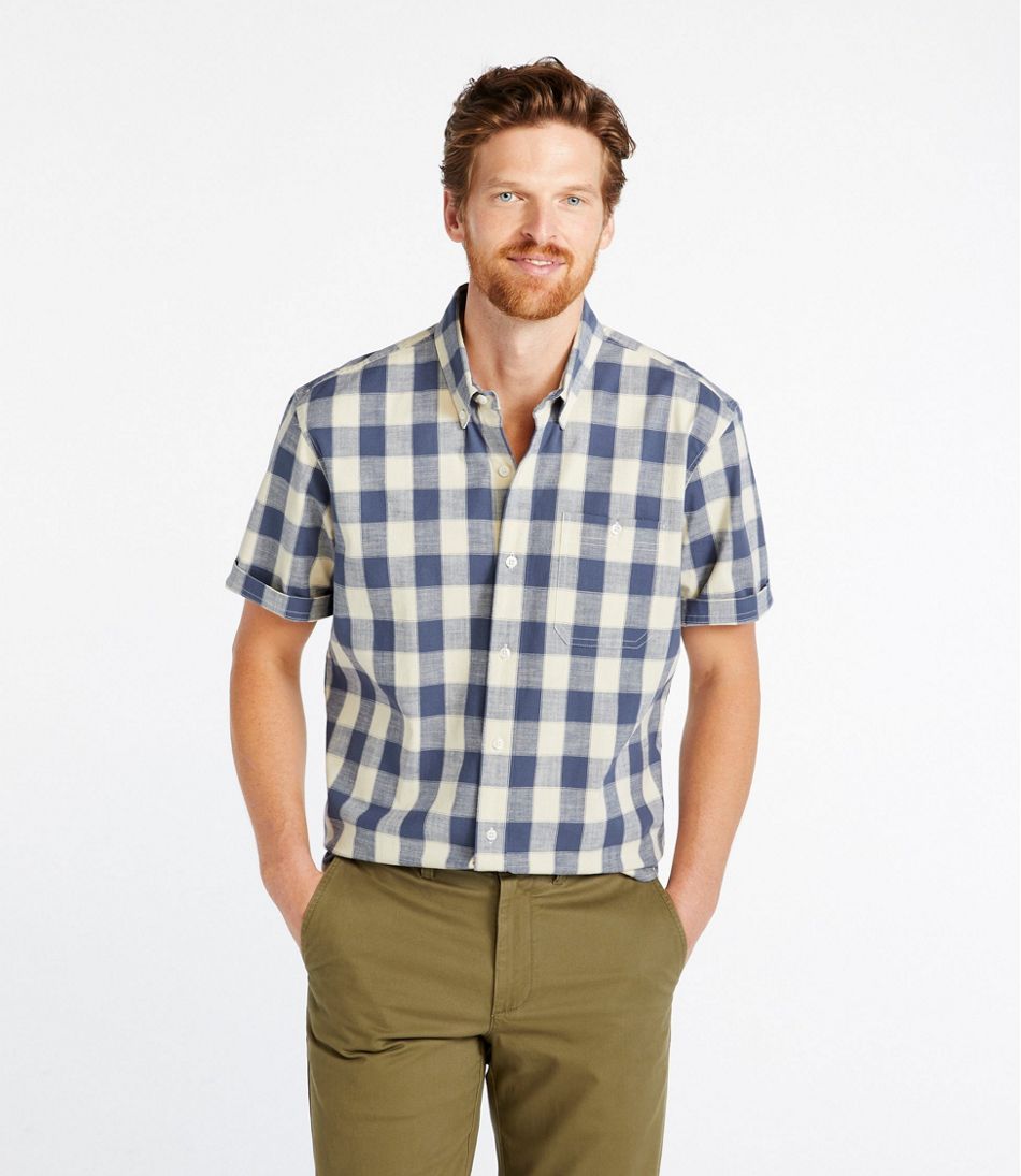 L.L.Bean Men's Comfort Stretch® Chambray Shirt, Traditional Untucked Fit, Short-Sleeve, Plaid CLOTHING|SALE