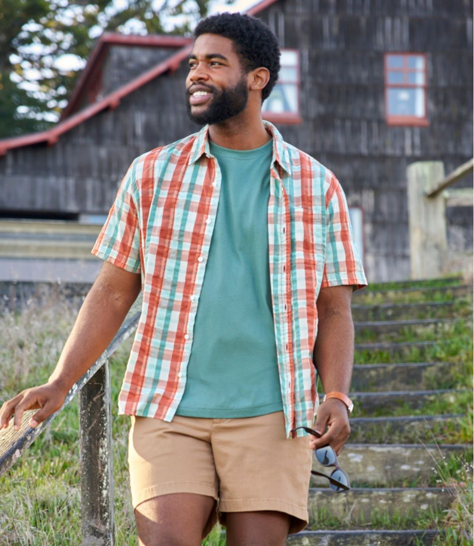 L.L.Bean Men's Organic Cotton Seersucker Shirt, Short-Sleeve, Slightly Fitted, Plaid CLOTHING|SALE