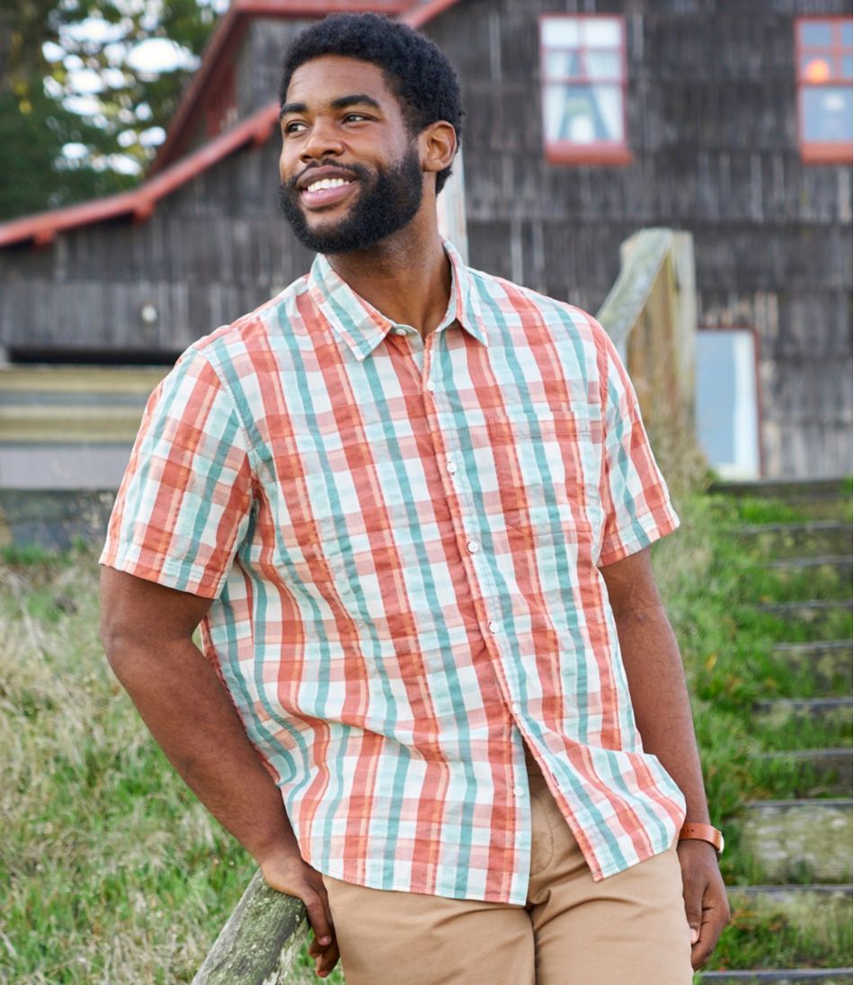 L.L.Bean Men's Organic Cotton Seersucker Shirt, Short-Sleeve, Slightly Fitted, Plaid CLOTHING|SALE