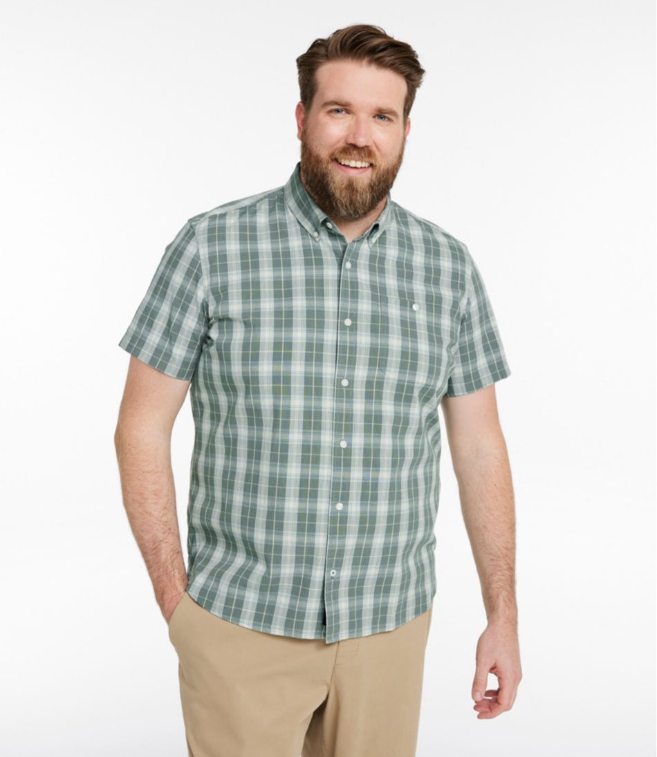 L.L.Bean Men's Comfort Stretch® Chambray Shirt, Slightly Fitted Untucked Fit, Short-Sleeve, Plaid CLOTHING|SALE