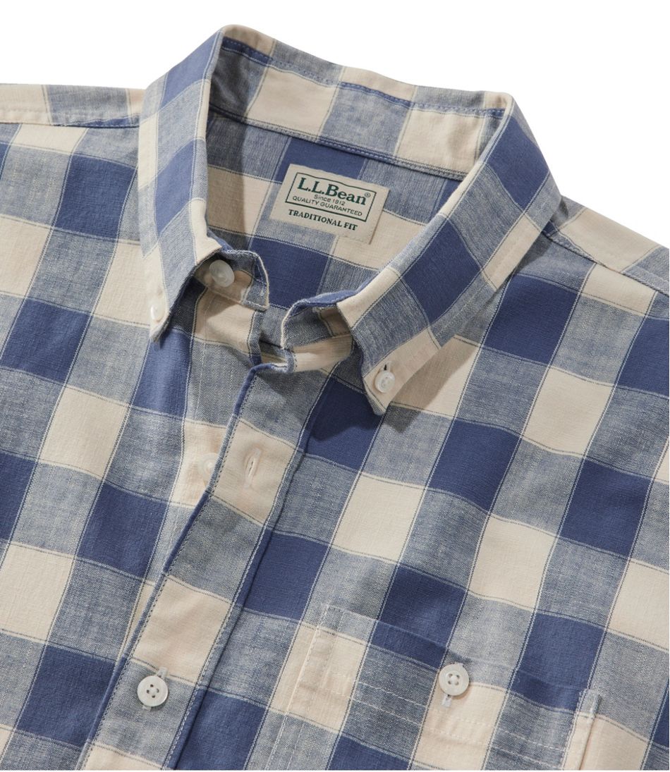 L.L.Bean Men's Comfort Stretch® Chambray Shirt, Slightly Fitted Untucked Fit, Short-Sleeve, Plaid CLOTHING|SALE