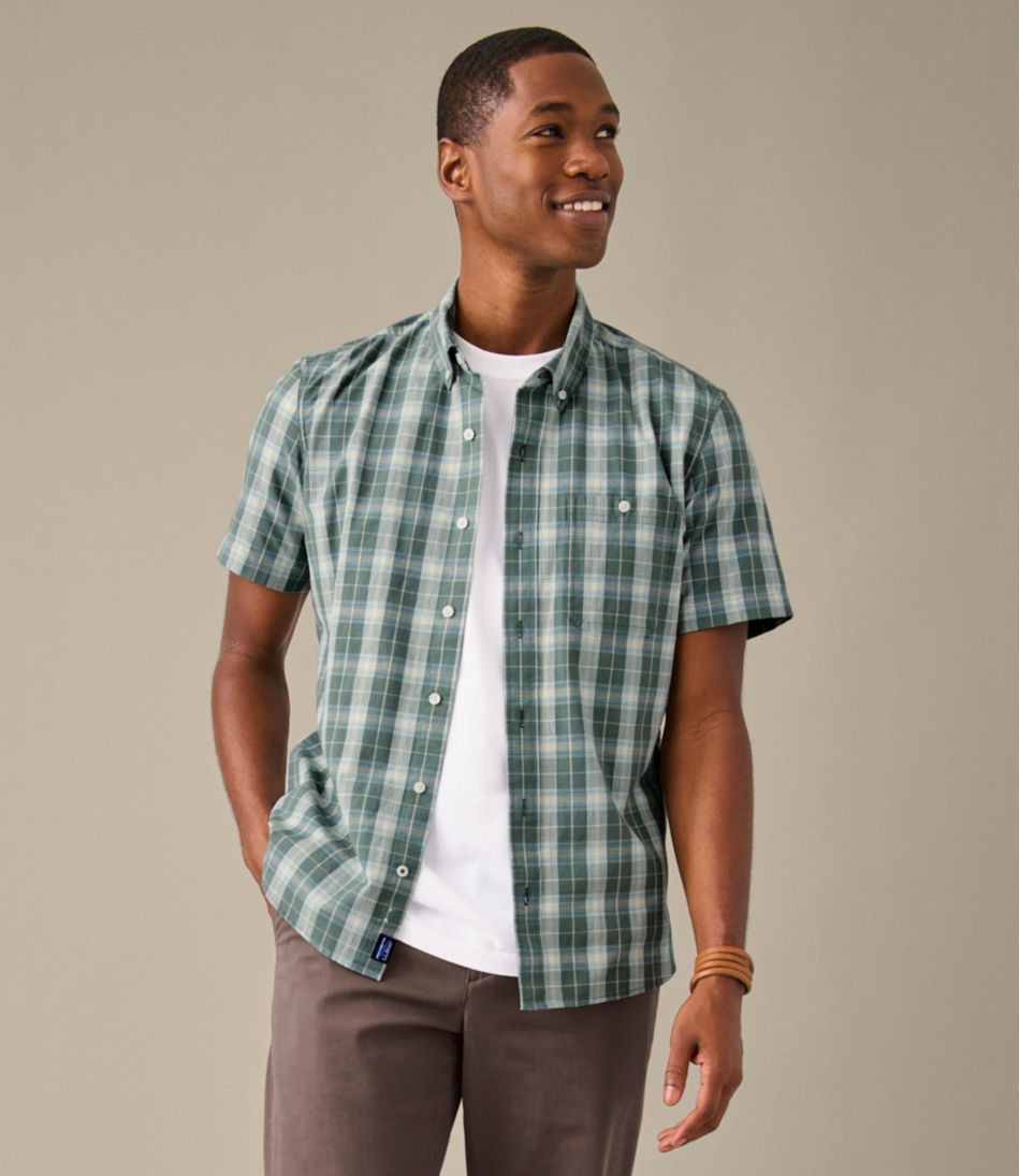 L.L.Bean Men's Comfort Stretch® Chambray Shirt, Slightly Fitted Untucked Fit, Short-Sleeve, Plaid CLOTHING|SALE
