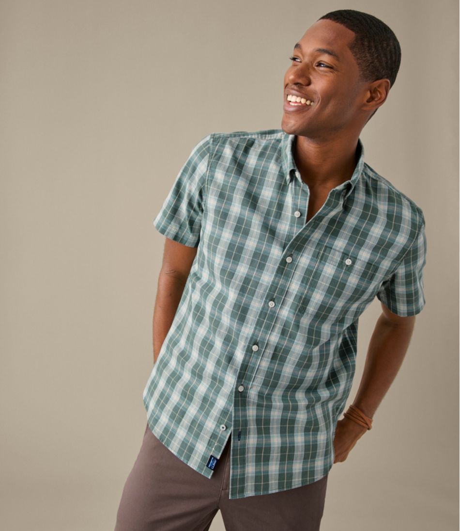 L.L.Bean Men's Comfort Stretch® Chambray Shirt, Slightly Fitted Untucked Fit, Short-Sleeve, Plaid CLOTHING|SALE
