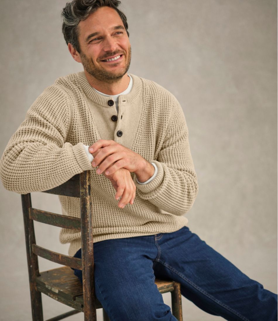 L.L.Bean Men's Organic Cotton Waffle Sweater, Henley CLOTHING